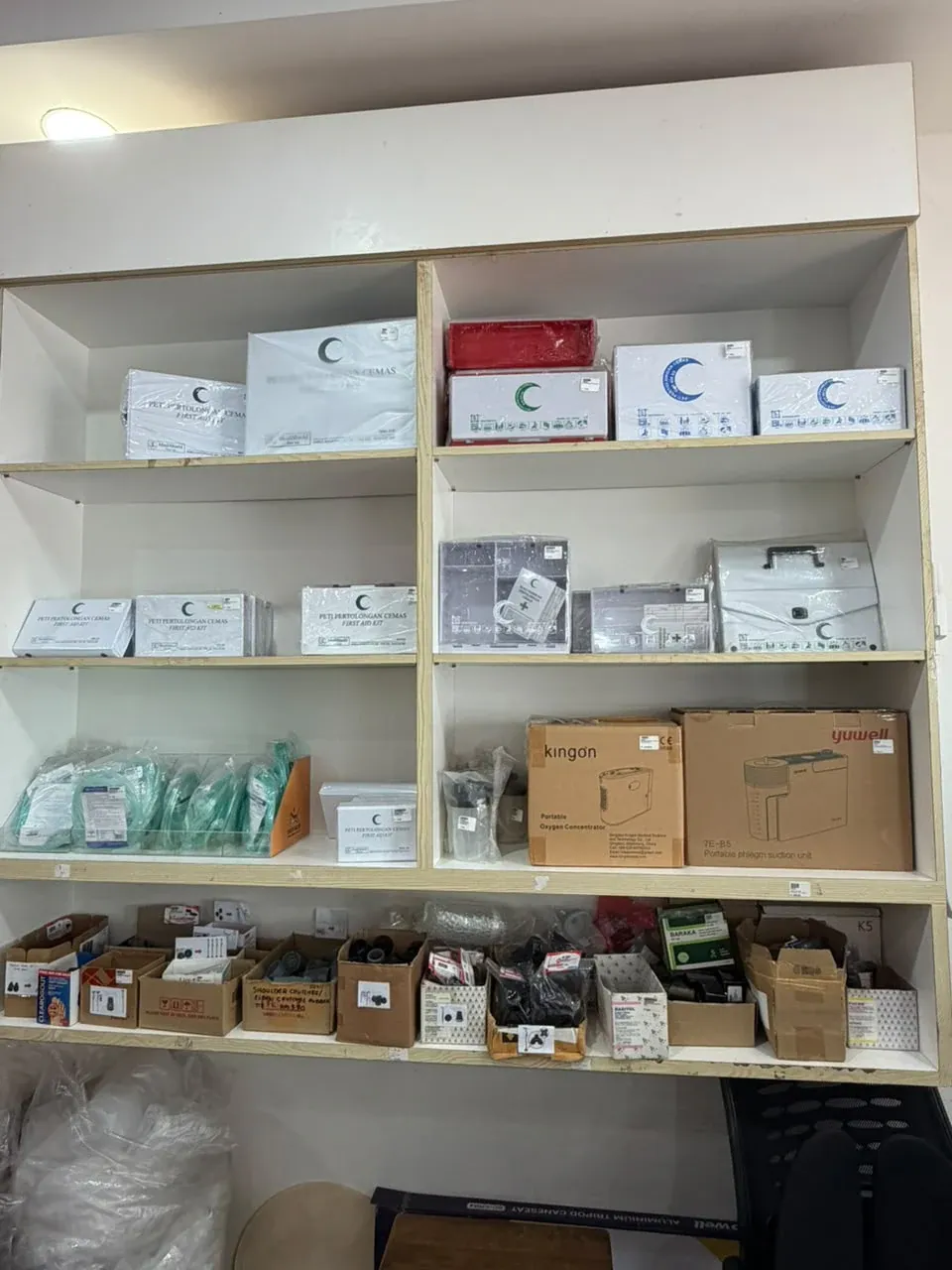 First aid kits and oxygen supplies at Farmasi Limbongan HQ
